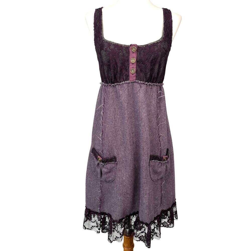 Free People Tweed Lace Dress Size 2 Purple Wool Blend Mini Boho - Picture 2 of 8